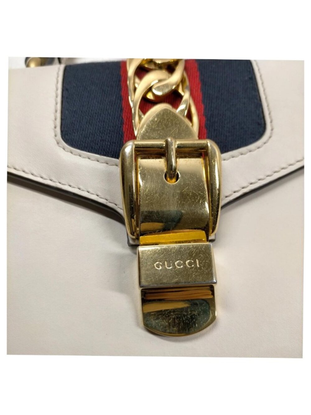 Authentic Gucci Sylvie Mini Top Handle White Leather Web Stripe Chain Crossbody - Picture 10 of 16